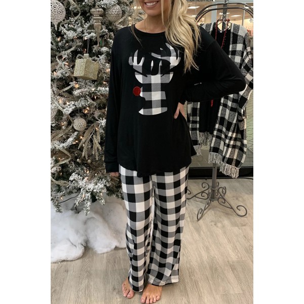 Plaid Christmas Reindeer Graphic Long Sleeve and Pants Lounge Set