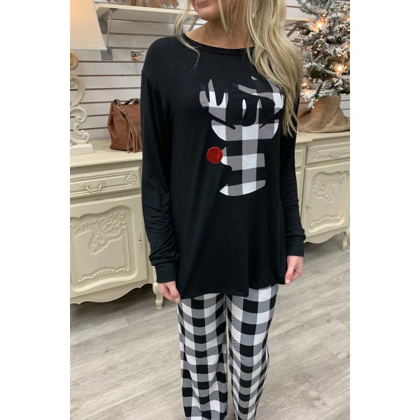 Plaid Christmas Reindeer Graphic Long Sleeve and Pants Lounge Set