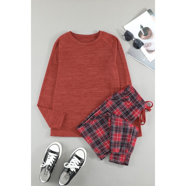 Solid Long Sleeve Top and Plaid Pants Loungewear