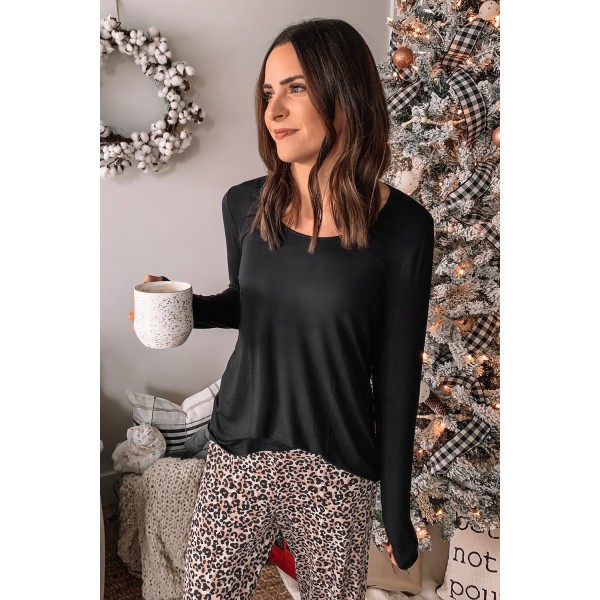 Long Sleeve Top and Leopard Print Pants Lounge Set
