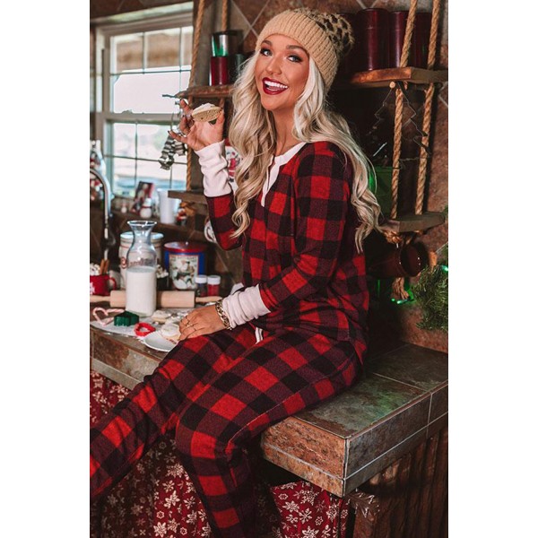 Christmas Red Plaid Print Long Sleeve Top and Pants Lounge Set