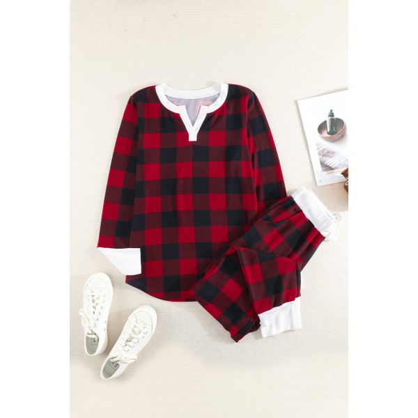 Christmas Red Plaid Print Long Sleeve Top and Pants Lounge Set