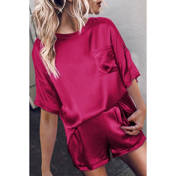Red Satin Pocketed Tee and Shorts Lounge Set