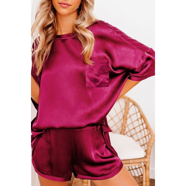 Red Satin Pocketed Tee and Shorts Lounge Set
