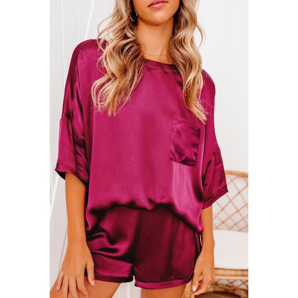 Red Satin Pocketed Tee and Shorts Lounge Set