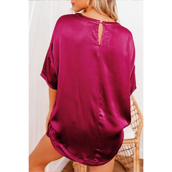 Red Satin Pocketed Tee and Shorts Lounge Set