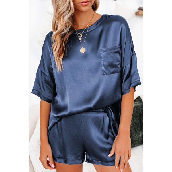 Dark Blue Satin Pocketed Tee and Shorts Lounge Set