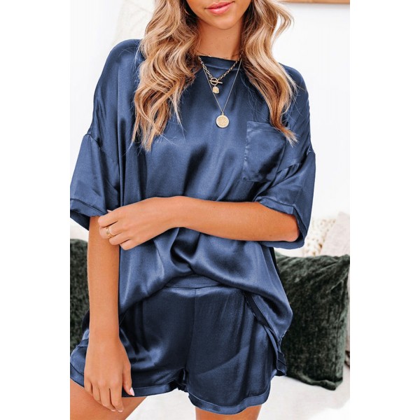 Dark Blue Satin Pocketed Tee and Shorts Lounge Set