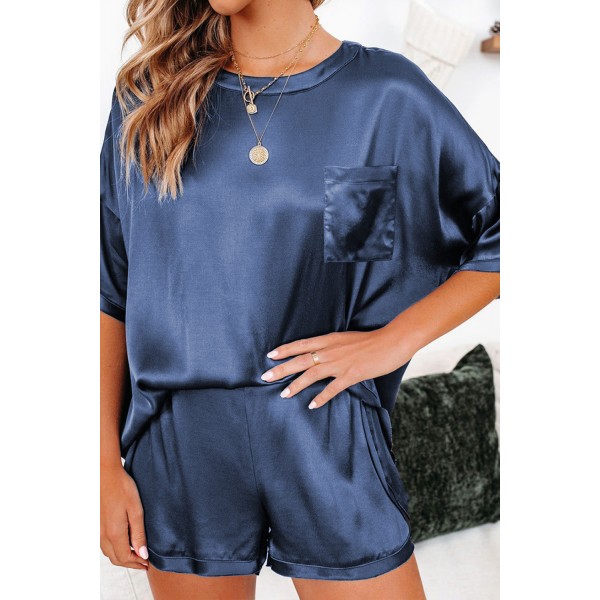 Dark Blue Satin Pocketed Tee and Shorts Lounge Set