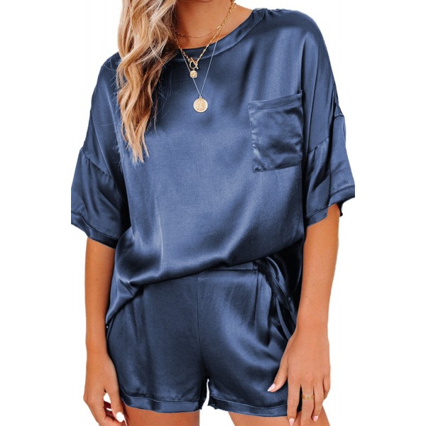 Dark Blue Satin Pocketed Tee and Shorts Lounge Set