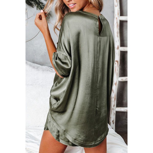 Green Satin Pocketed Tee and Shorts Lounge Set