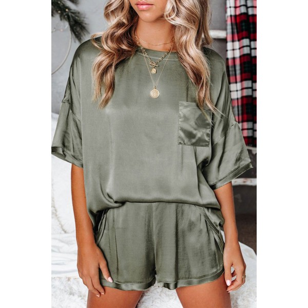Green Satin Pocketed Tee and Shorts Lounge Set