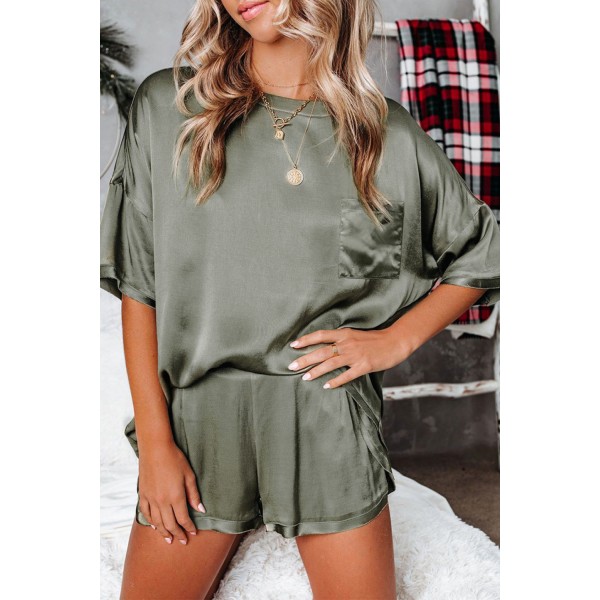 Green Satin Pocketed Tee and Shorts Lounge Set