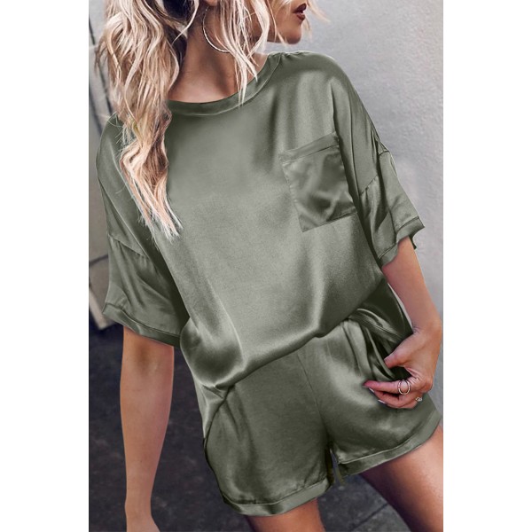 Green Satin Pocketed Tee and Shorts Lounge Set