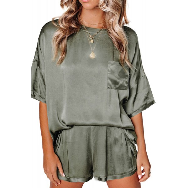 Green Satin Pocketed Tee and Shorts Lounge Set