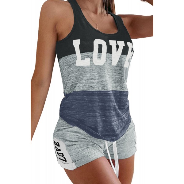 Letter Print Tank & Drawstring Waist Shorts Set