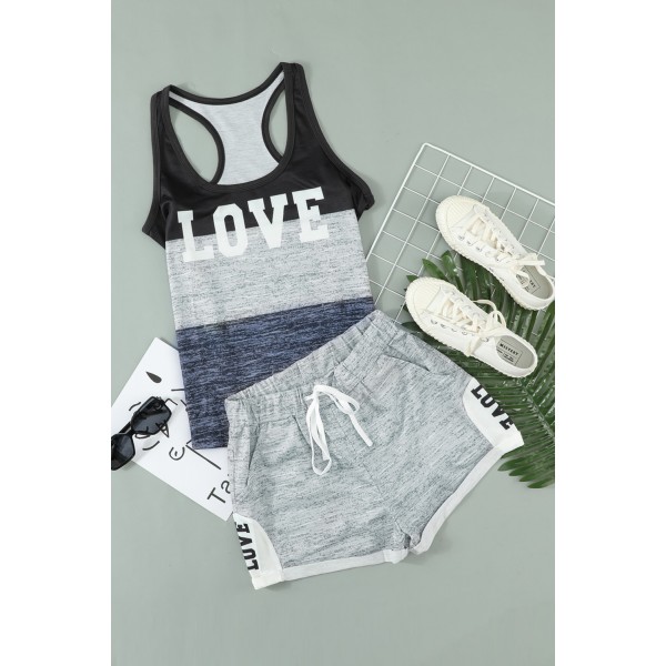 Letter Print Tank & Drawstring Waist Shorts Set
