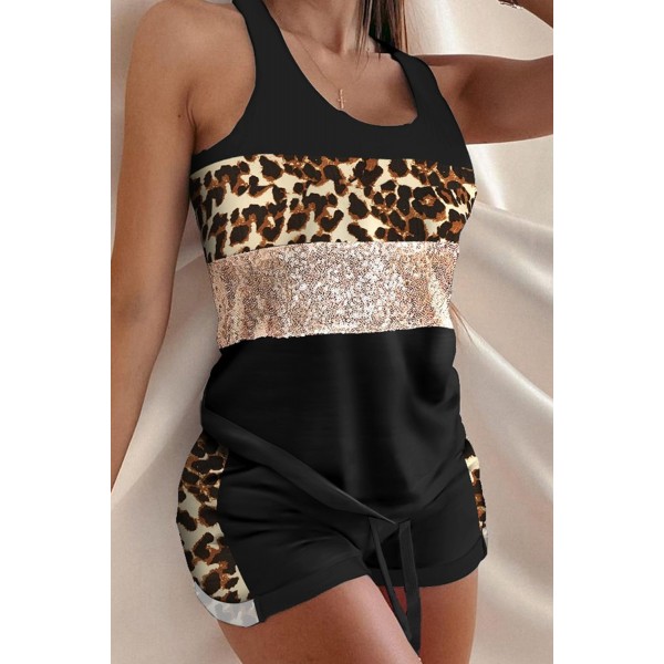Cheetah Print Sequins Top & Drawstring Waist Shorts Set