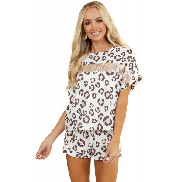 Leopard Sequin Short Sleeve and Shorts Lounge Set