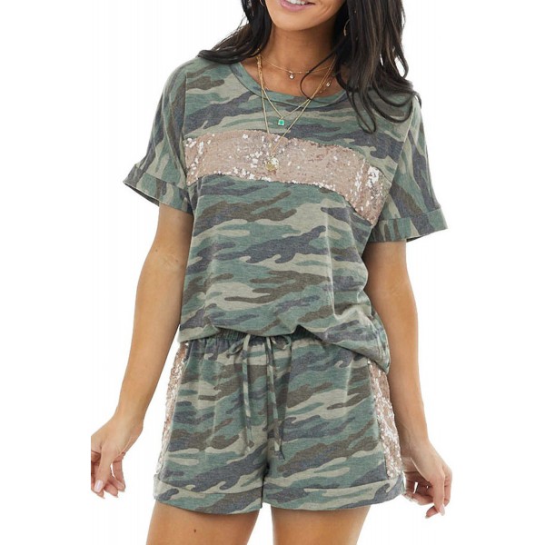 Jungle Green Camo Sequin Short Sleeve and Shorts Lounge Set