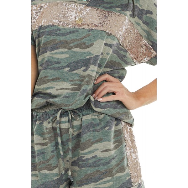 Jungle Green Camo Sequin Short Sleeve and Shorts Lounge Set