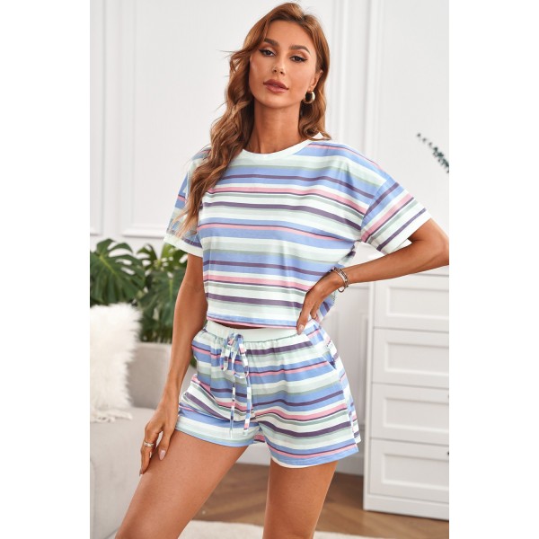 Striped Print Tee and Shorts Lounge Set