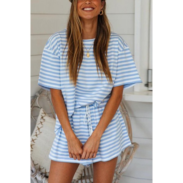 Sky Blue Stripe Print T-shirt and Elastic Waist Shorts Set