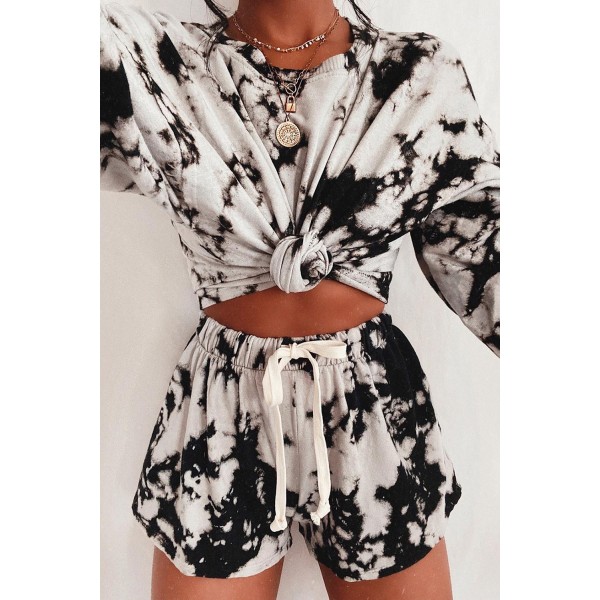 Black Tie-dye Print Long Sleeve and Drawstring Shorts Set