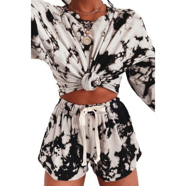 Black Tie-dye Print Long Sleeve and Drawstring Shorts Set