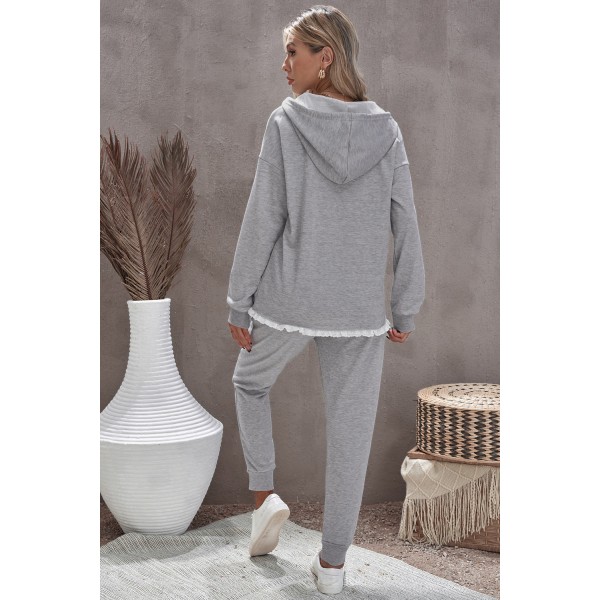 Gray Snap Buttons Lacy Hoodie and Sweatpants Lounge Set