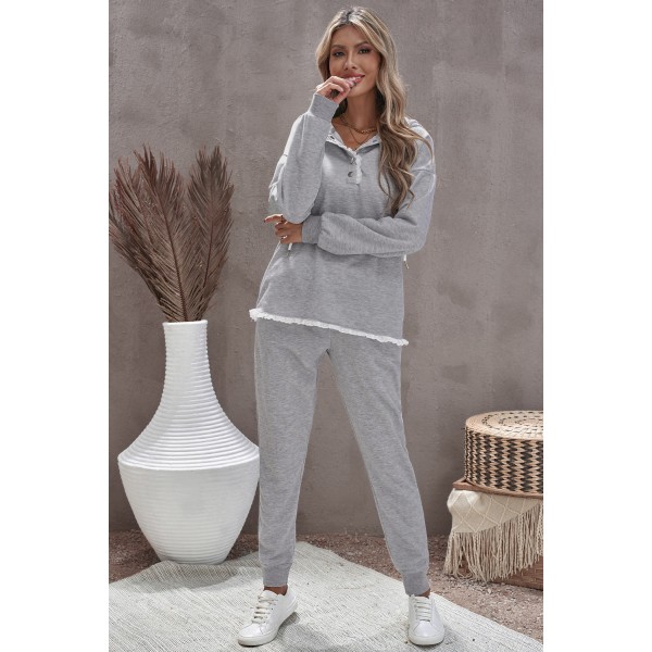 Gray Snap Buttons Lacy Hoodie and Sweatpants Lounge Set