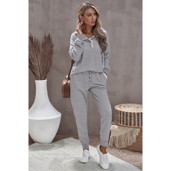 Gray Snap Buttons Lacy Hoodie and Sweatpants Lounge Set