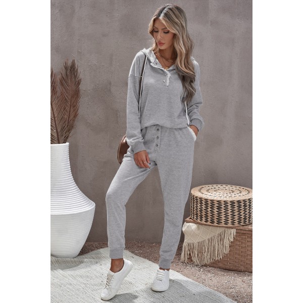 Gray Snap Buttons Lacy Hoodie and Sweatpants Lounge Set