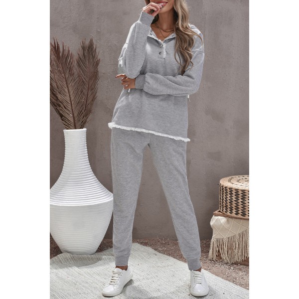 Gray Snap Buttons Lacy Hoodie and Sweatpants Lounge Set