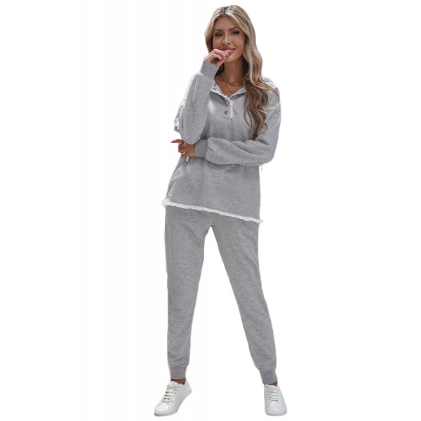 Gray Snap Buttons Lacy Hoodie and Sweatpants Lounge Set