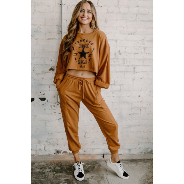 Letter Print Long Sleeve Crop Top and Elastic Waist Pants Set