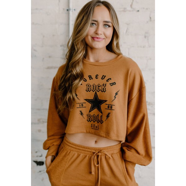 Letter Print Long Sleeve Crop Top and Elastic Waist Pants Set