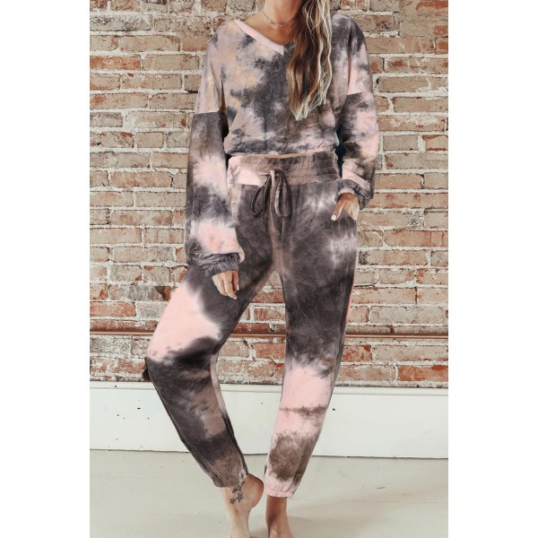 Black Tie-dye Crop Long Sleeve and Joggers Set