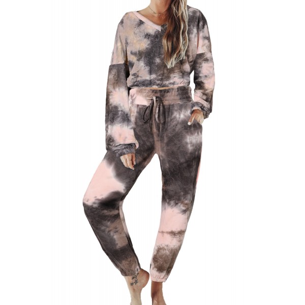 Black Tie-dye Crop Long Sleeve and Joggers Set