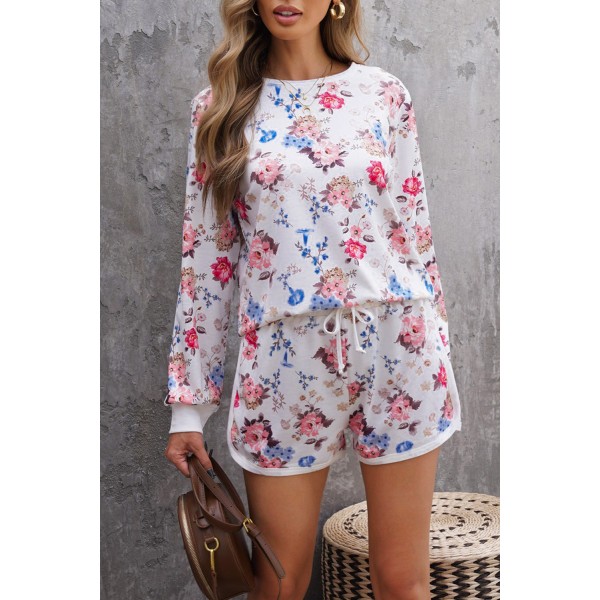Floral Print Long Sleeve Top and Elastic Waist Shorts Set