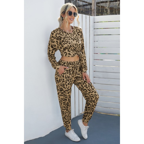 Leopard Print Long Sleeve Top and Drawstring Pants Set