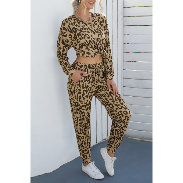 Leopard Print Long Sleeve Top and Drawstring Pants Set