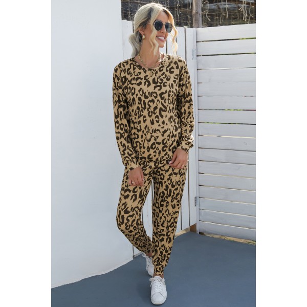 Leopard Print Long Sleeve Top and Drawstring Pants Set