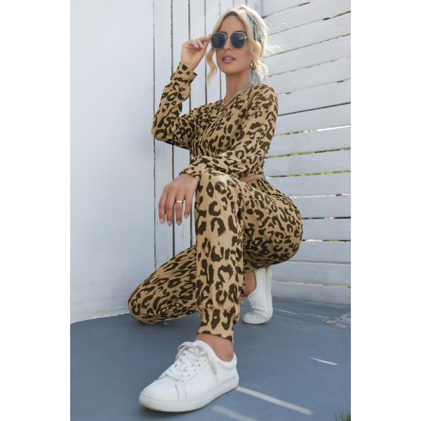 Leopard Print Long Sleeve Top and Drawstring Pants Set