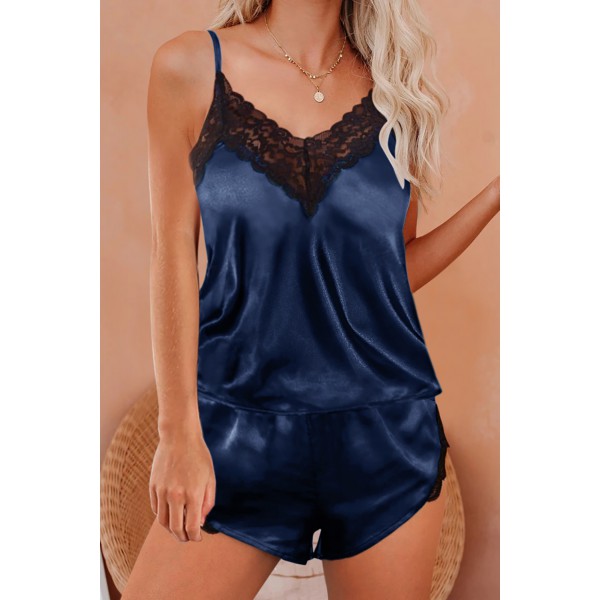Blue Lace V Neck Imitated Silk Pajamas Set