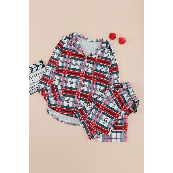 Red Shirt Collar Plaid Button Down Christmas Pajama Set