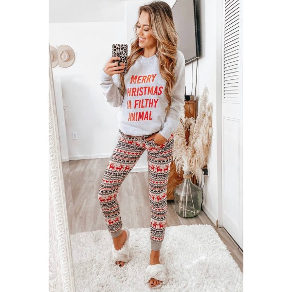 Gray Reindeer Print Christmas Lounge Set