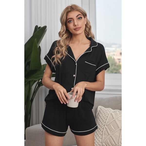 Black Buttoned Short Sleeve Shirt and Shorts Pajamas Set