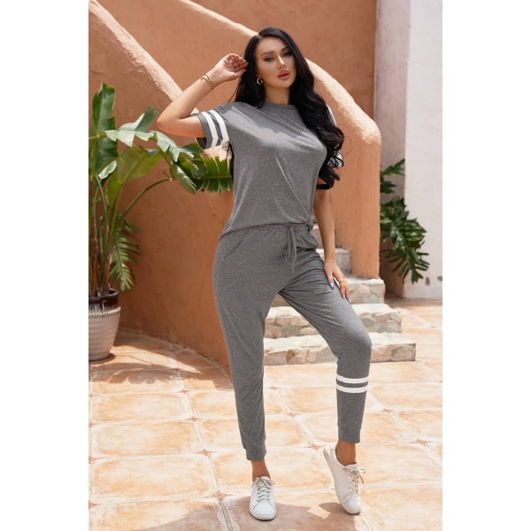 Gray Striped Accent Short Sleeve and Joggers Set