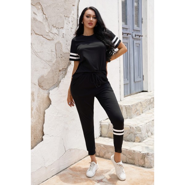 Black Striped Accent Short Sleeve and Joggers Set